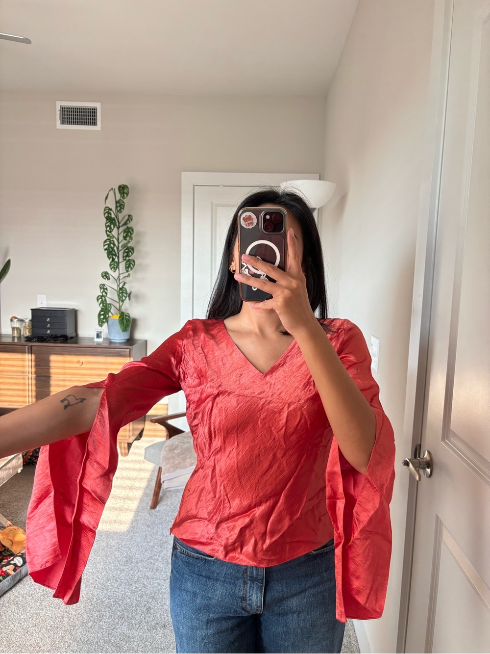 Naya Rea - V-Neck Red Satin Bell Sleeve Top